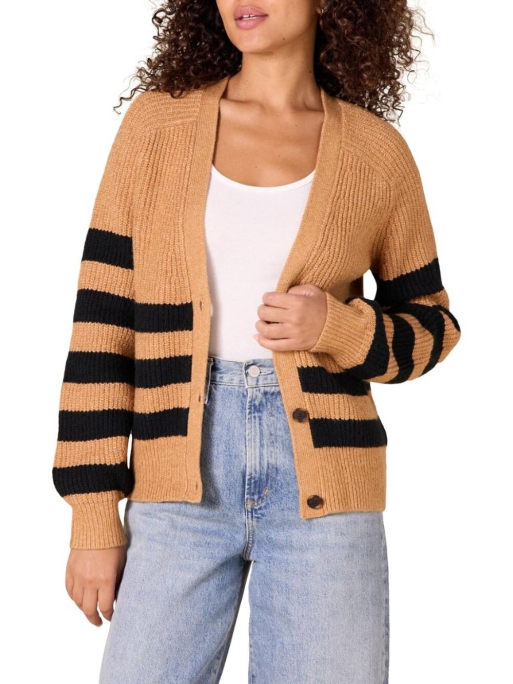 Women's Soft Touch Ribbed Blouson V-Neck Cardigan Sweater